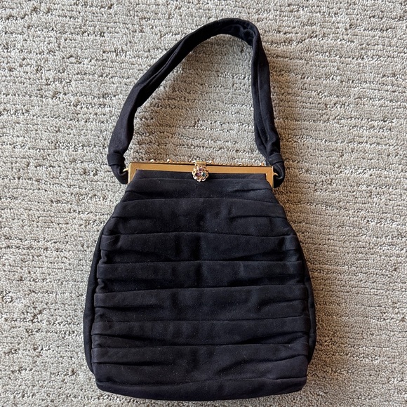 Vintage Black Suede Evening Bag with Semi-Precious Stones